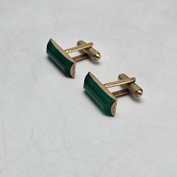 Vintage Gold Tone Mid Century Green Onyx Cufflinks - Picture 2 of 5